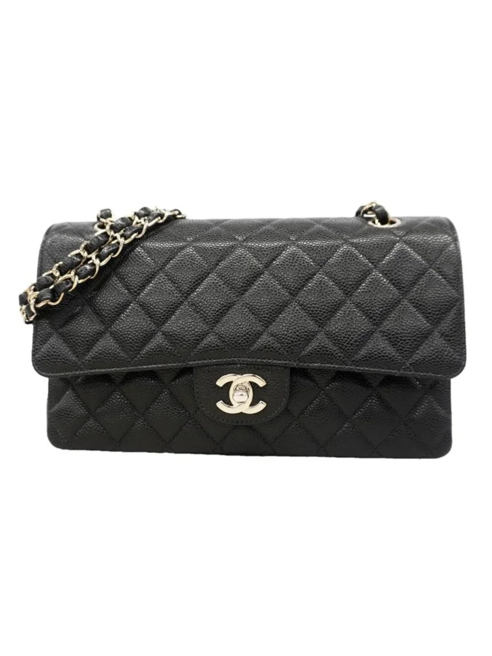 Chanel Shoulder Bag Quilted Caviar Leather Black Silver